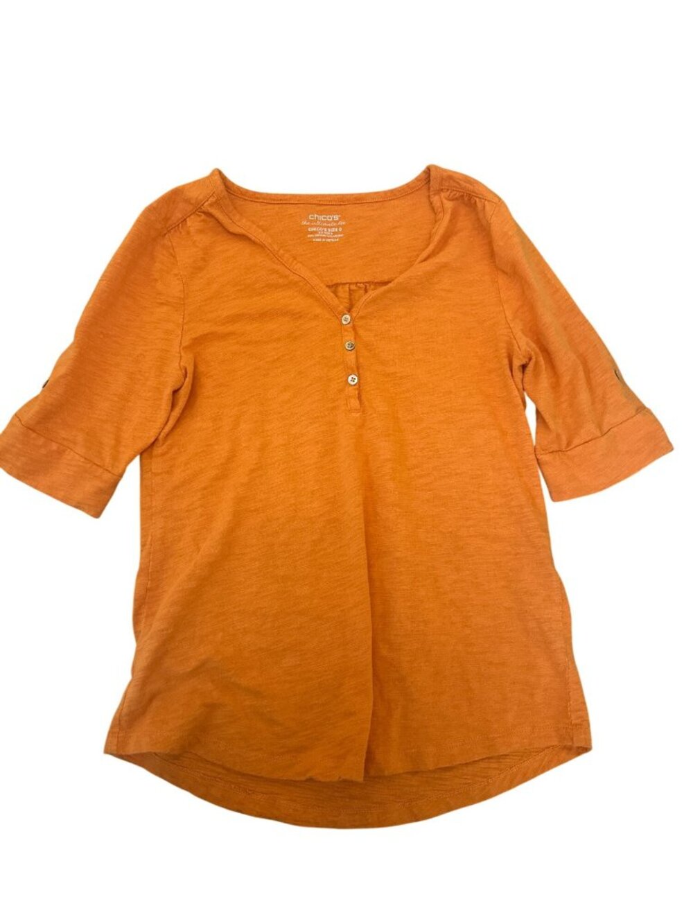 Chicos Top Shirt O/S Orange The Ultimate Tee 3/4 Sleeve Cotton Modal Henley